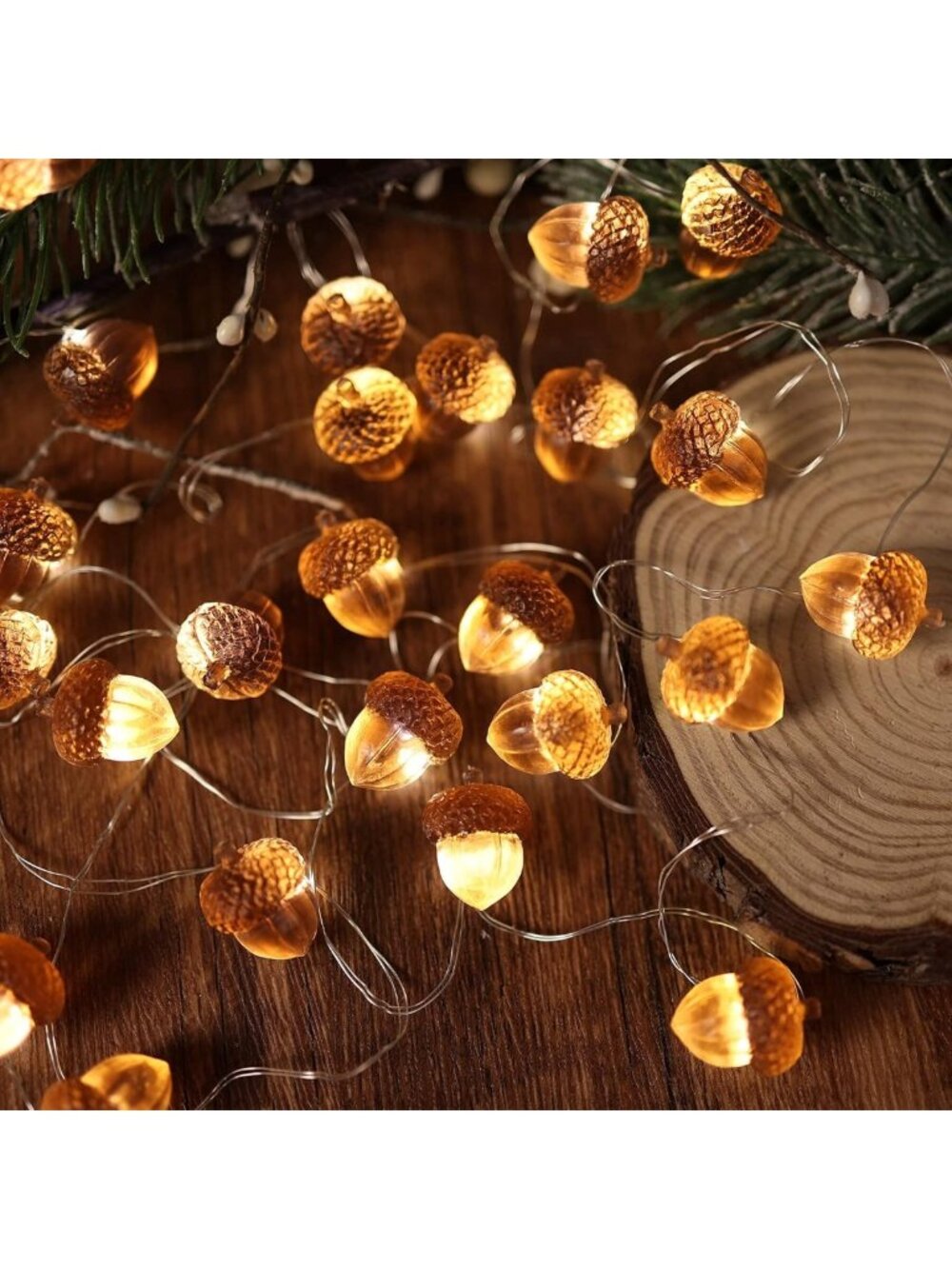 10ft 3D Twinkle Acorn String Lights - Battery Powered, Timer & Remote, Fall